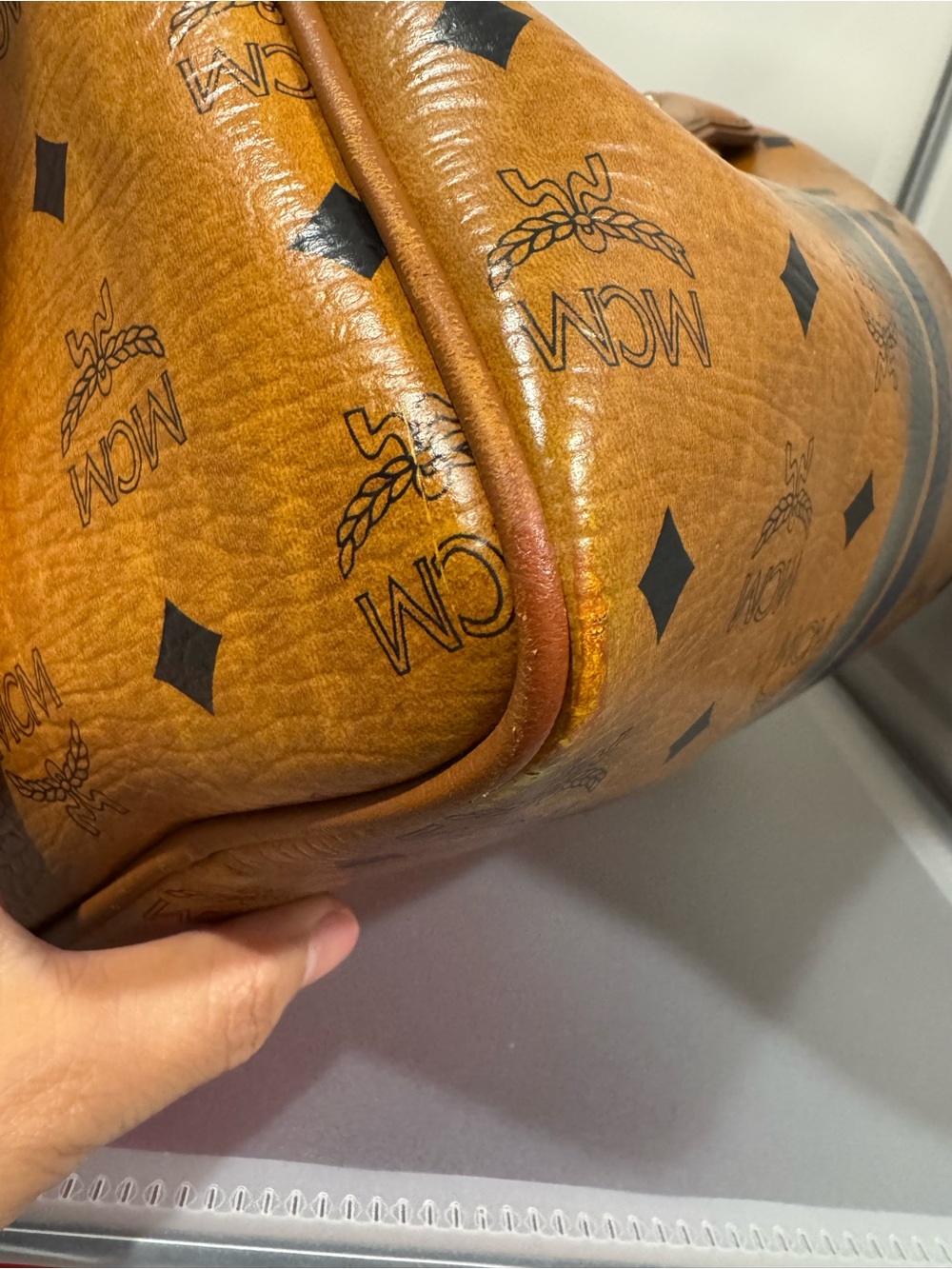 MCM Cognac Visetos Bowling Bag with Navy and Gold Stripe - Picture 7 of 15